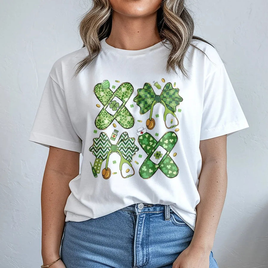 St. Patrick's Day Nurse T-Shirt | Lucky Shamrock Medical Bow Graphic | Premium Soft Cotton Tee | Gift for Healthcare Workers, RNs, Doctors