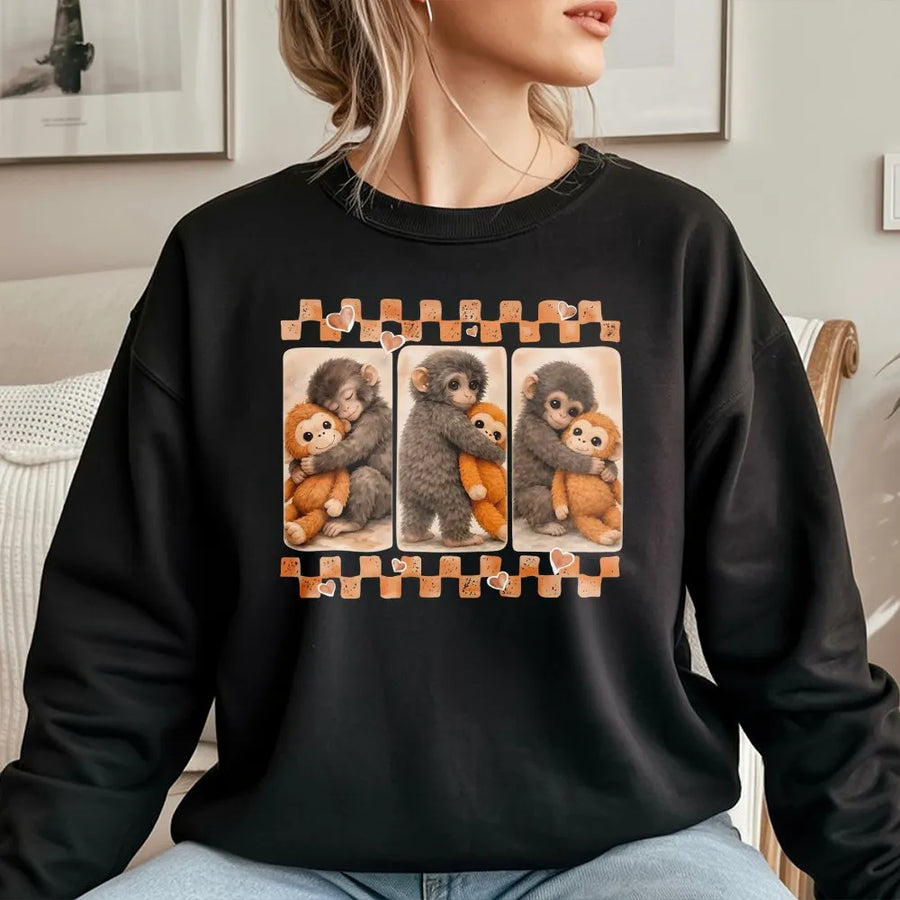 Cute Monkey Sweatshirt | Baby Monkey Hugging Plush Graphic Design | Premium Cotton Blend | Animal Lover Birthday Gift for Women and Men