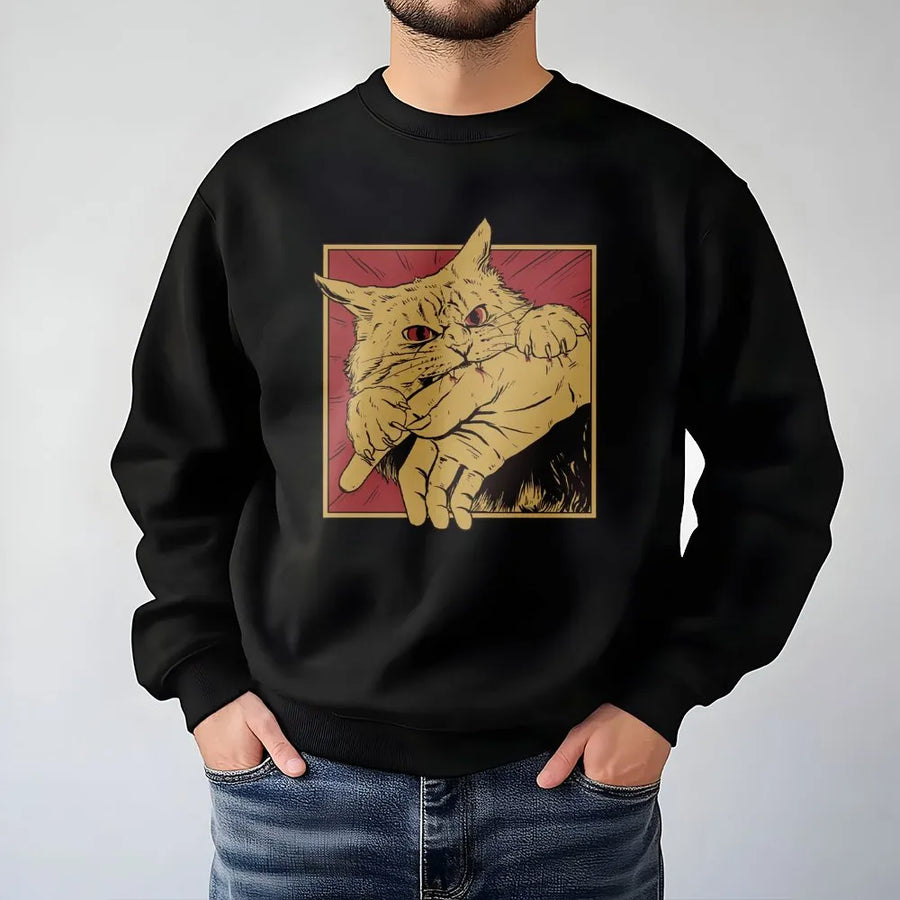 Angry Cat Bite Sweatshirt | Retro Horror Graphic Design | Premium Cotton Blend | Funny Pet Lover Gift For Men And Women