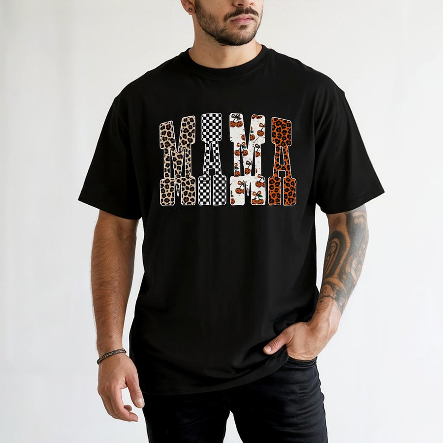 Mama T-Shirt | Halloween Leopard Print & Pumpkin Design | Premium 100% Cotton | Trendy Fall Gift for Mom