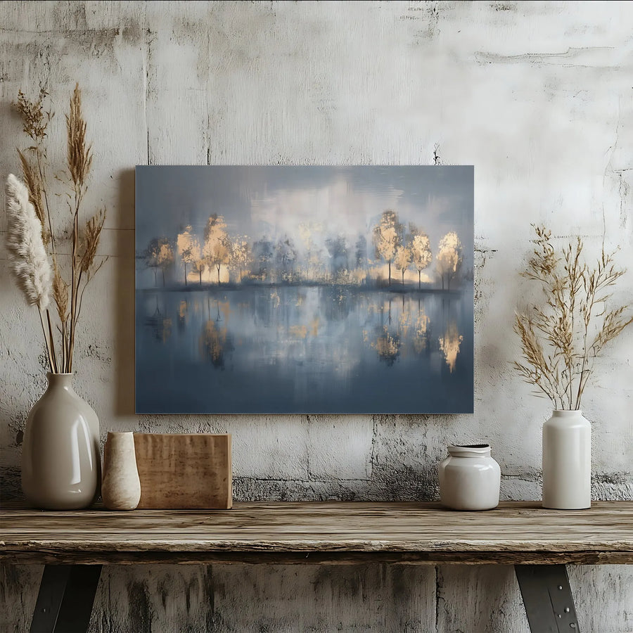 Abstract Blue and Gold Landscape Canvas Wall Art | Tree Reflection Print | 1.25-Inch Gallery Wrap | Modern Home Decor for Living Room