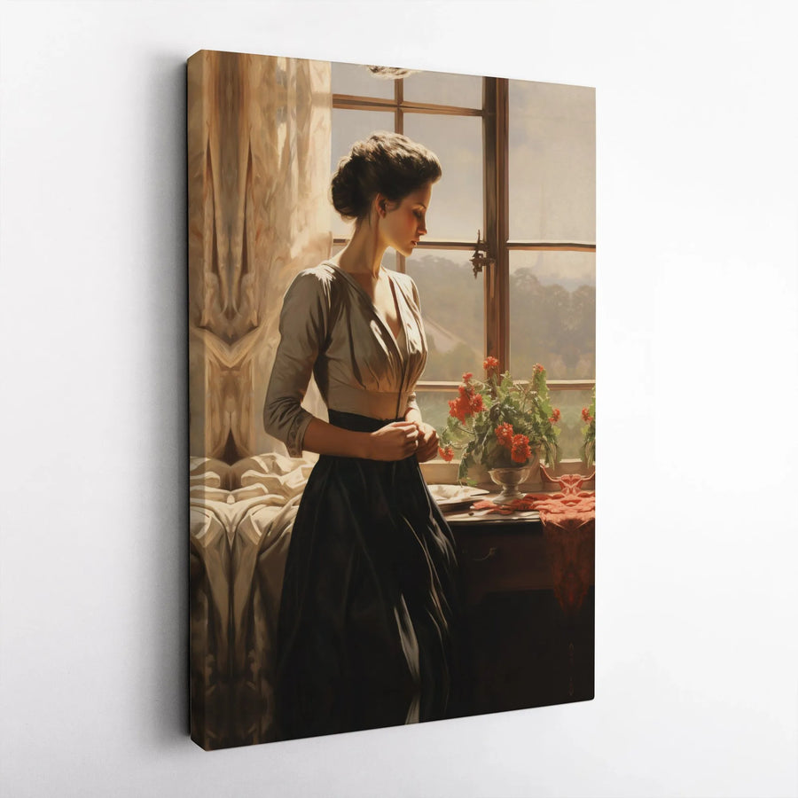 Contemplative Woman By Window Canvas | Romantic Era Portrait Wall Art | Premium Gallery Wrap Print | Elegant Home Decor Gift For Her