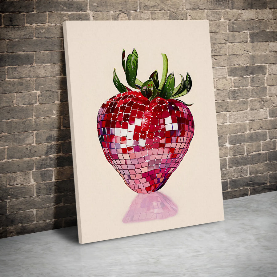 Strawberry Disco Ball Vertical Canvas | Funky Pop Art Print | Premium Thick Gallery Canvas | Unique Kitchen & Bar Wall Decor Gift
