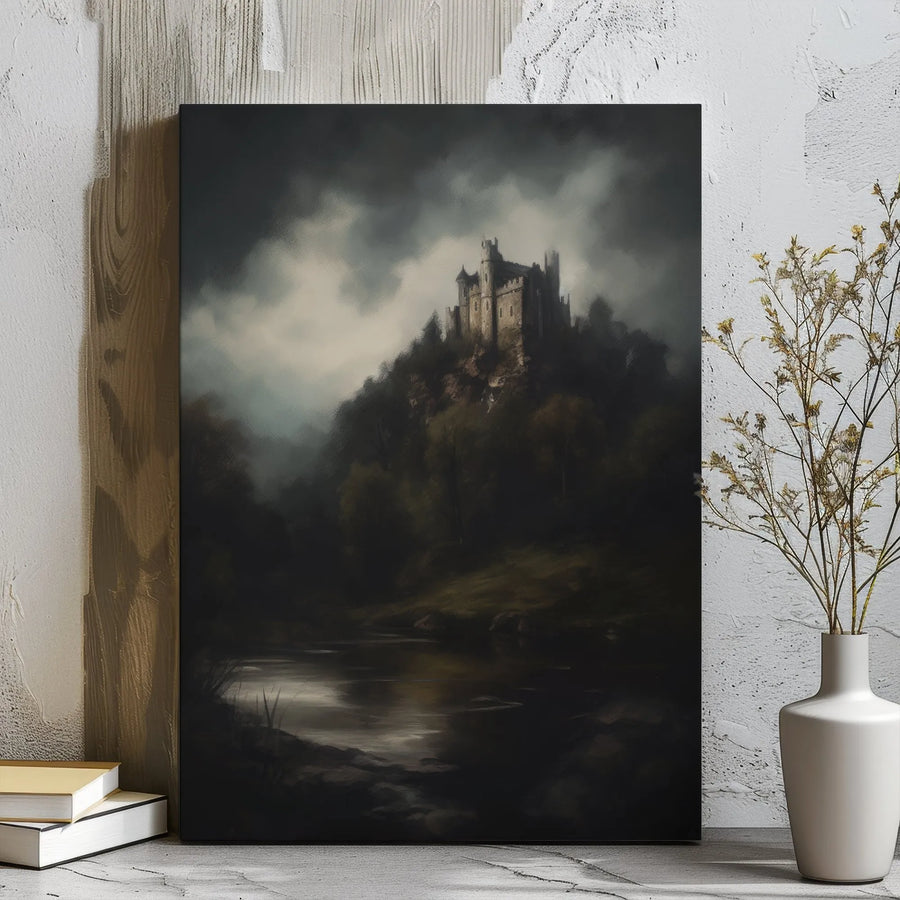 Moody Gothic Castle Canvas Wall Art | Dark Forest River Landscape | Premium Gallery Wrapped Print | Atmospheric Home Office Decor Gift