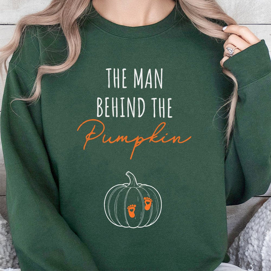 The Man Behind The Pumpkin Sweatshirt | Funny Halloween Pregnancy Announcement | Soft Cotton Blend Crewneck | Cute Expectant Dad Gift