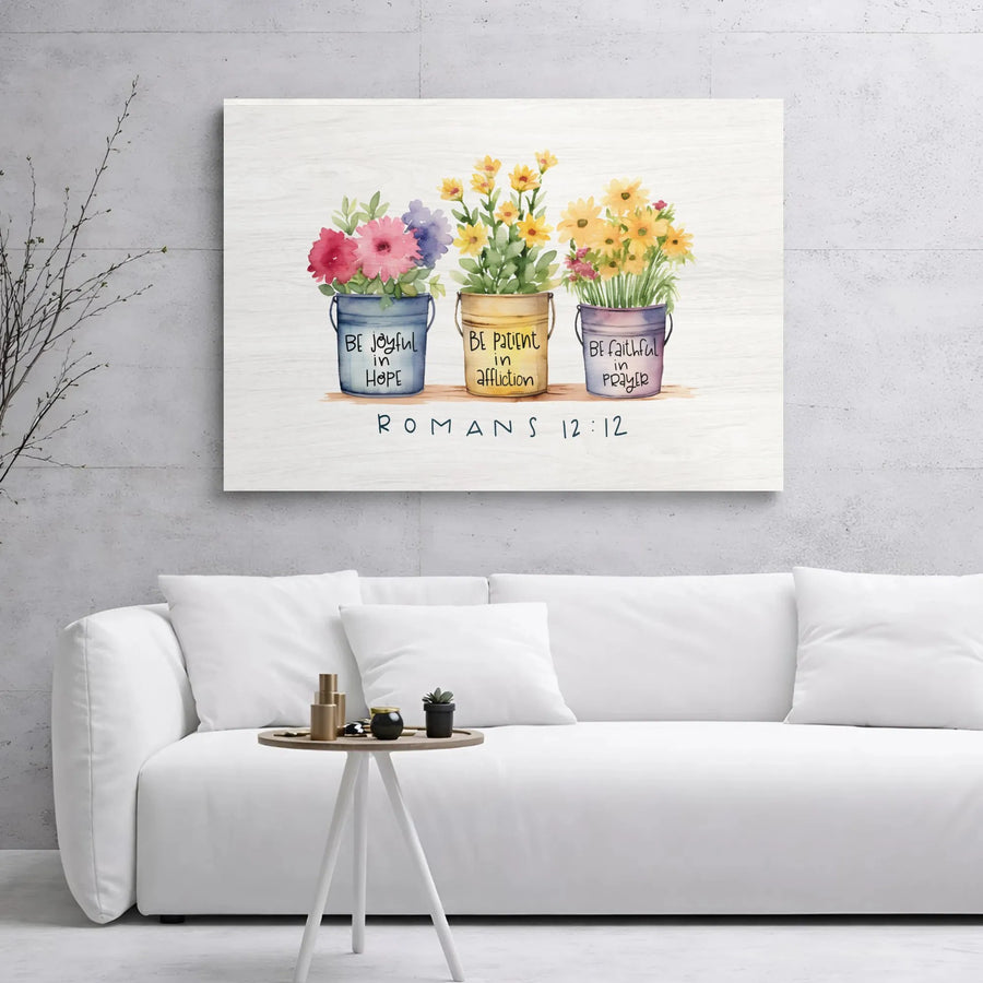 Romans 12:12 Scripture Canvas Art | Floral Bible Verse Wall Decor | Premium Stretched Gallery Wrap | Inspirational Christian Gift for Home