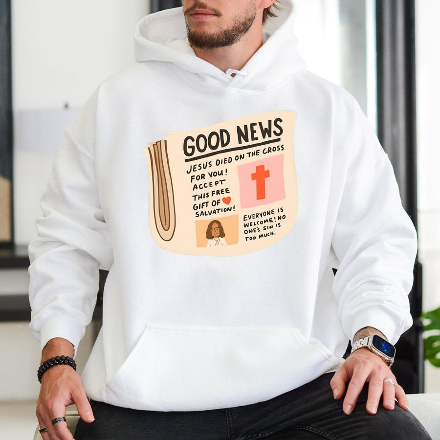Good News Christian Hoodie | Jesus Newspaper Graphic Design | Premium Cotton Blend Pullover | Meaningful Religious Gift for Men and Women