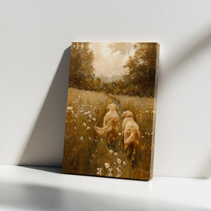 Golden Retriever Canvas Wall Art | Vintage Dogs in Wildflower Field Painting | Premium Gallery Wrapped Canvas | Gift for Dog Lover Farmhouse Decor