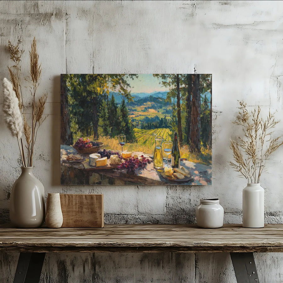 Vineyard Picnic Canvas Wall Art | Impressionist Tuscan Landscape Painting | Premium Gallery Wrapped Print | Kitchen & Dining Room Decor Gift