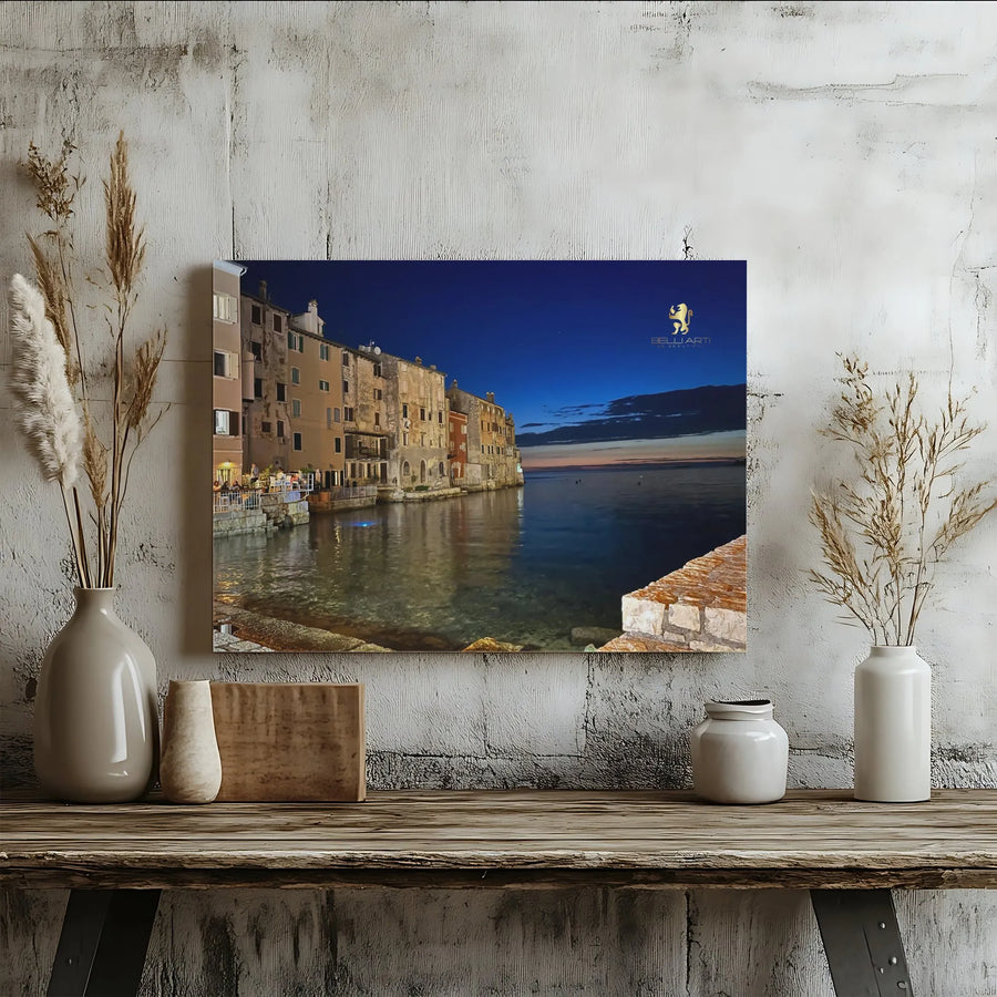 Mediterranean Coastal Village Canvas Print | Seaside Town at Twilight Photography | Premium Gallery Wrapped Canvas | Living Room Wall Decor Gift