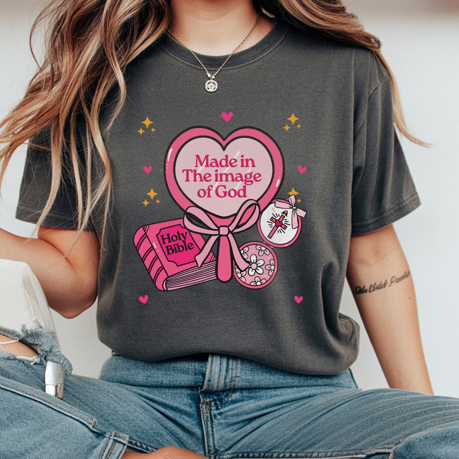 Made In The Image Of God T-Shirt | Christian Aesthetic Heart Graphic | 100% Premium Cotton Tee | Religious Faith Gift For Women