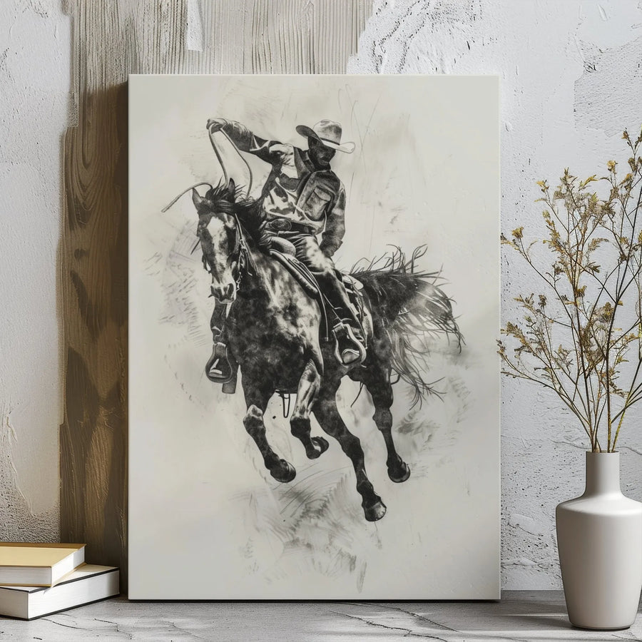 Western Cowboy Horse Canvas Wall Art | Graphite Sketch Rodeo Drawing | Premium 1.25-Inch Gallery Wrap | Rustic Home Decor Gift For Him