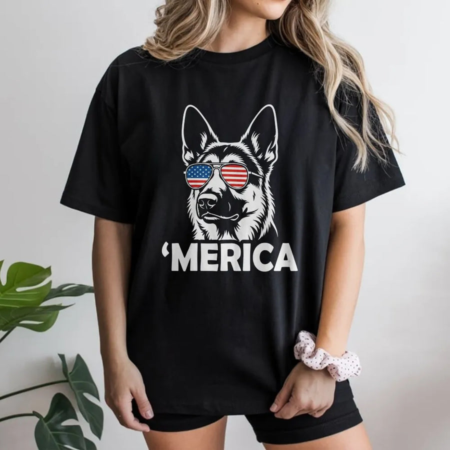 Patriotic German Shepherd T-Shirt | Funny Dog with American Flag Sunglasses | Premium Cotton Blend | 4th of July Gift for Dog Lovers