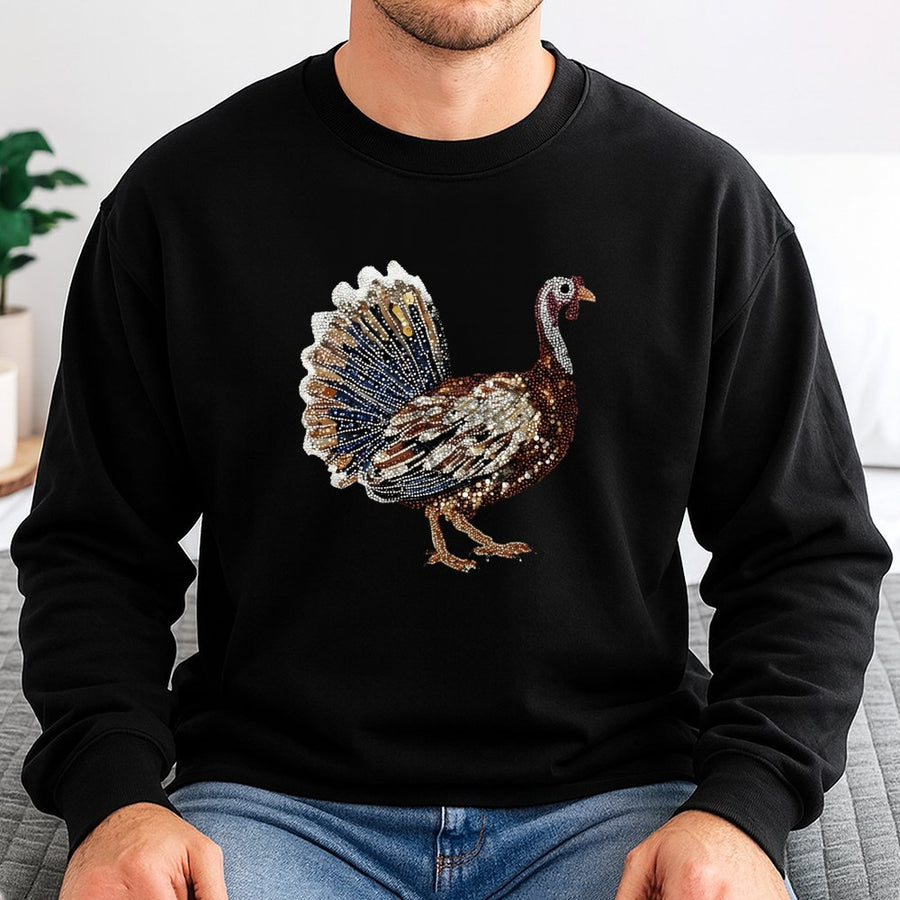 Turkey Sweatshirt | Beaded Style Thanksgiving Bird Graphic | Premium Cotton Blend Crewneck | Fall Seasonal Gift For Men And Women