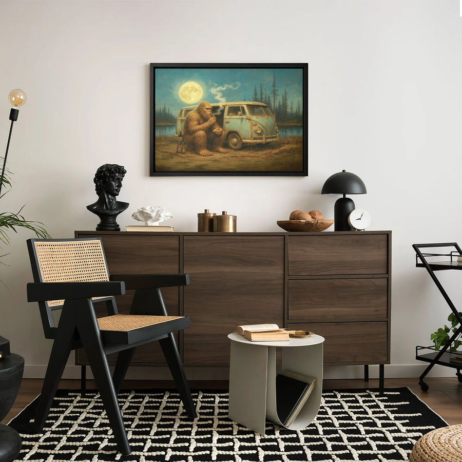Bigfoot Smoking Pipe Wall Art | Rustic Vintage Van Full Moon Landscape | Premium Gallery-Wrapped Canvas | Unique Forest Cabin Home Decor Gift