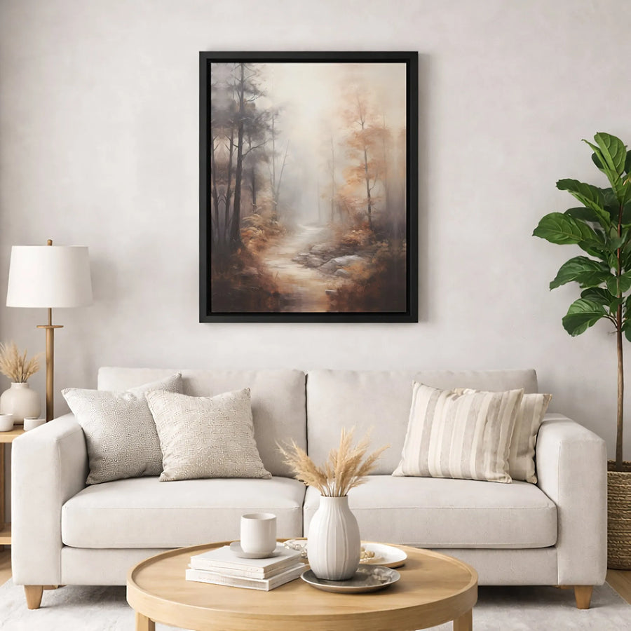 Misty Autumn Forest Canvas Art | Moody Woodland Path Landscape Print | Premium Gallery Wrap Wall Decor | Nature Lover Gift for Home Office