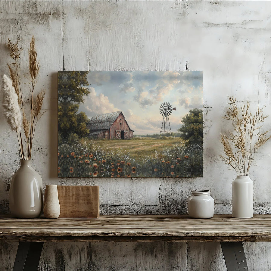 Rustic Country Barn Horizontal Canvas | Vintage Windmill & Wildflower Landscape Wall Art | Fade-Resistant 1.25" Gallery Wrap Print | Farmhouse Home Decor Housewarming Gift