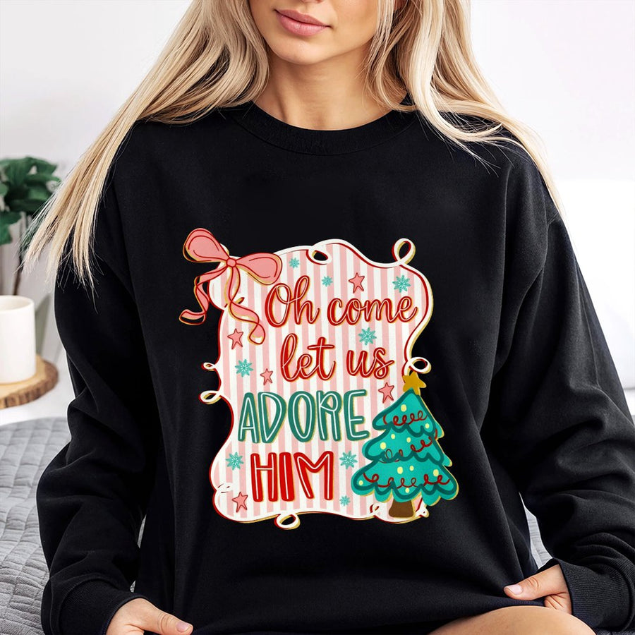 Oh Come Let Us Adore Him Sweatshirt | Preppy Coquette Christmas Tree Graphic | Premium Cotton Blend | Christian Holiday Gift for Women