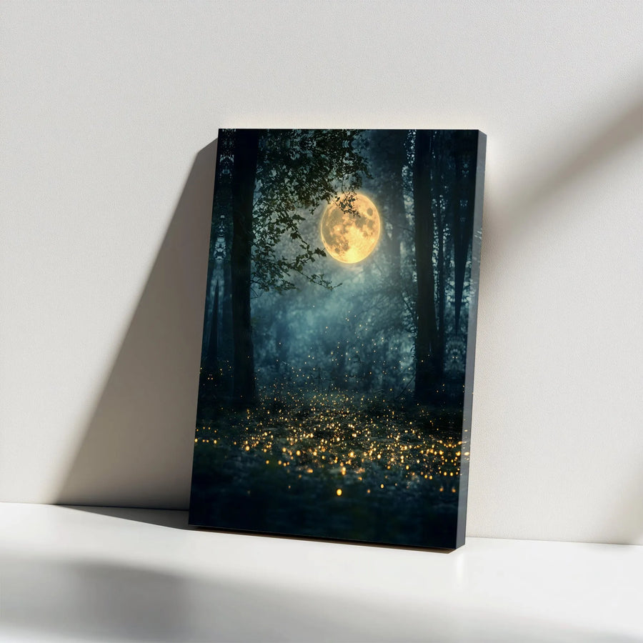 Enchanted Forest Canvas Wall Art | Mystical Full Moon & Fireflies Scene | Premium Gallery Wrapped Canvas | Modern Fantasy Home Decor Gift