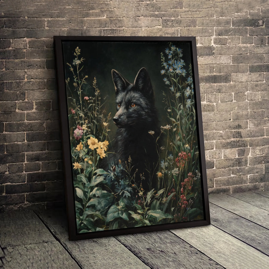Black Fox Canvas Wall Art | Moody Wildflower Botanical Painting | Premium 1.25 Inch Gallery Wrap | Woodland Animal Nature Decor for Home