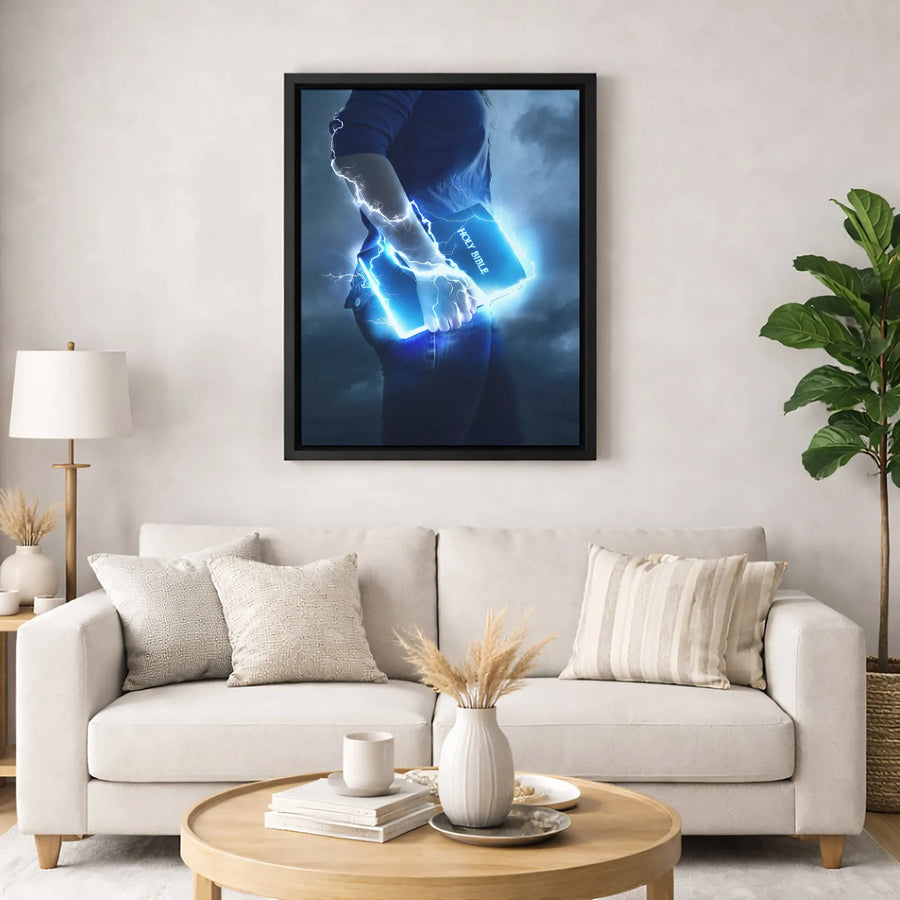 Glowing Holy Bible Canvas Print | Lightning Spiritual Wall Art | Premium 1.25 Inch Gallery Wrap | Christian Home Decor Gift