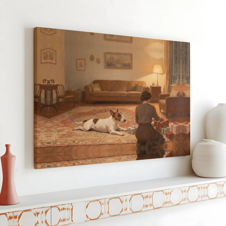Bull Terrier Christmas Canvas Wall Art | Vintage Holiday Painting with Woman Wrapping Gifts | Premium Matte Print | Unique Gift for Dog Lover