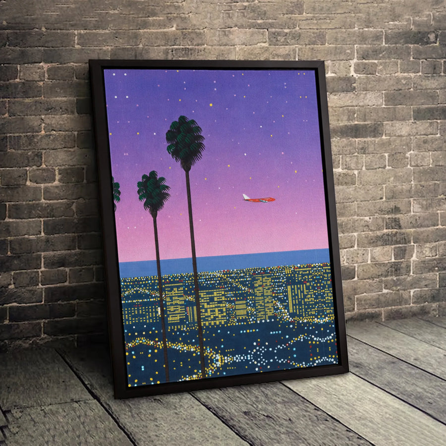 Los Angeles Night Cityscape Canvas | Vaporwave Palm Trees & Plane Art | Gallery-Quality Fade-Resistant Print | Aesthetic Home & Office Decor Gift