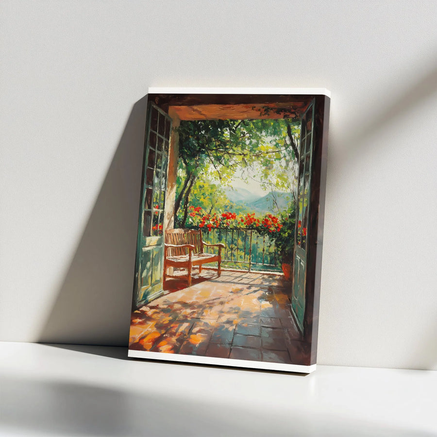 Tuscan Terrace Canvas Print | Impressionist Garden View with Bench | Premium Gallery Wrap Wall Art | Mediterranean Home Decor Gift