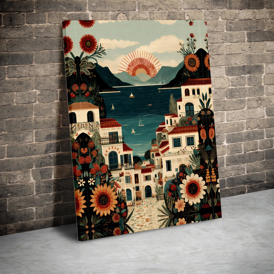 Mediterranean Village Canvas Print | Vintage Folk Art with Sunflowers | Premium Gallery Wrap Canvas | Boho Wall Decor Gift for Traveler