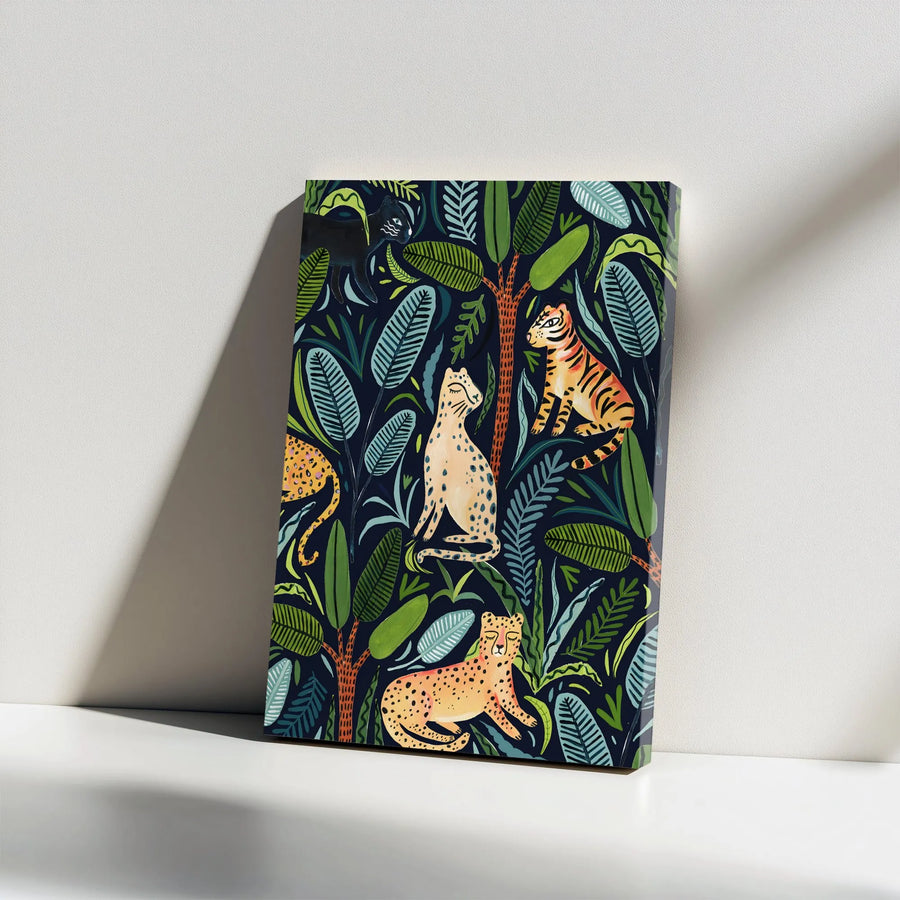 Boho Jungle Animals Vertical Canvas | Dark Botanical Big Cats Wall Art | Premium Gallery Wrap Print | Kids Room & Nursery Decor Gift