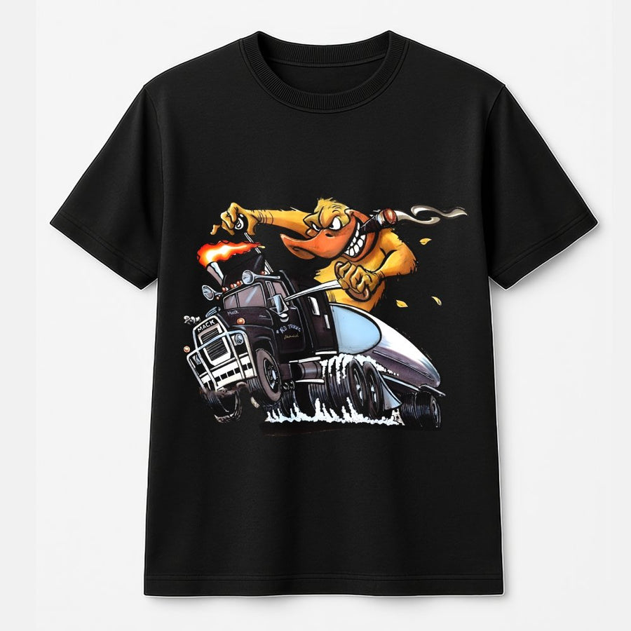 Vintage Mack Flame Truck T-Shirt – Cartoon Duck Tanker T-Shirt,Funny Semi Truck Diesel Graphic,Trucker Gift Outfit,Mack Bulldog