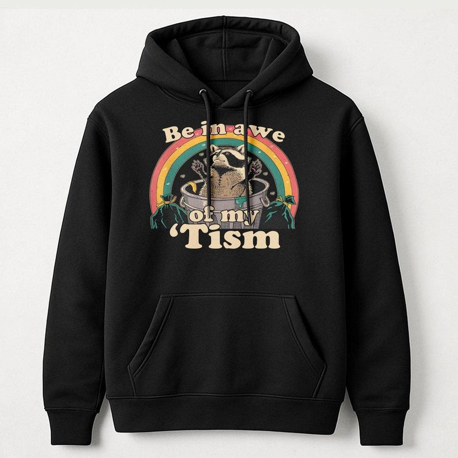 Be In Awe Of My Tism Hoodie | Funny Neurodivergent Raccoon Graphic | Premium Cotton Blend | Gift For Autistic Adults And Students