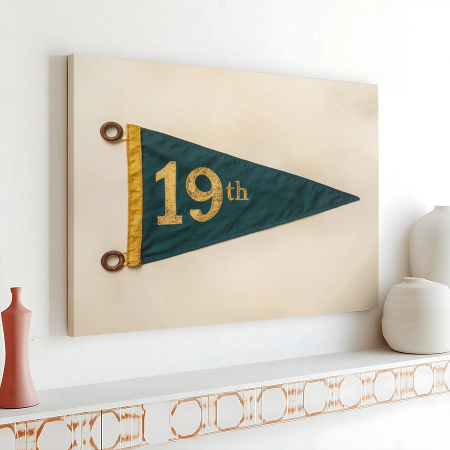 19th Hole Golf Wall Art | Vintage Sports Pennant Design | Premium Gallery Wrap Canvas | Unique Gift for Golf Lovers