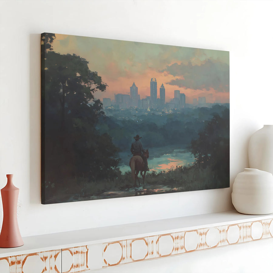 Charlotte NC Skyline Canvas Print | Cowboy Overlooking Cityscape | Premium Gallery Wrapped Art | Western Home Decor Gift for Men