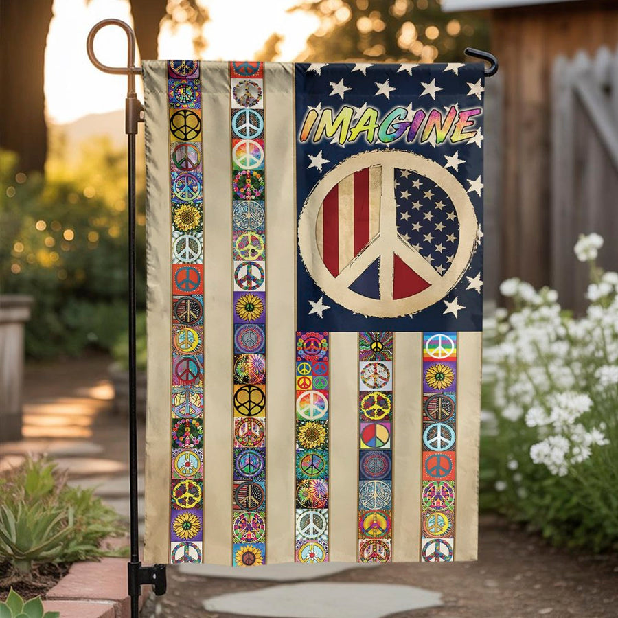 Imagine Peace Garden Flag | American Flag Hippie Boho Design | Premium Weather-Resistant Polyester | Patriotic Outdoor Yard Decor Gift