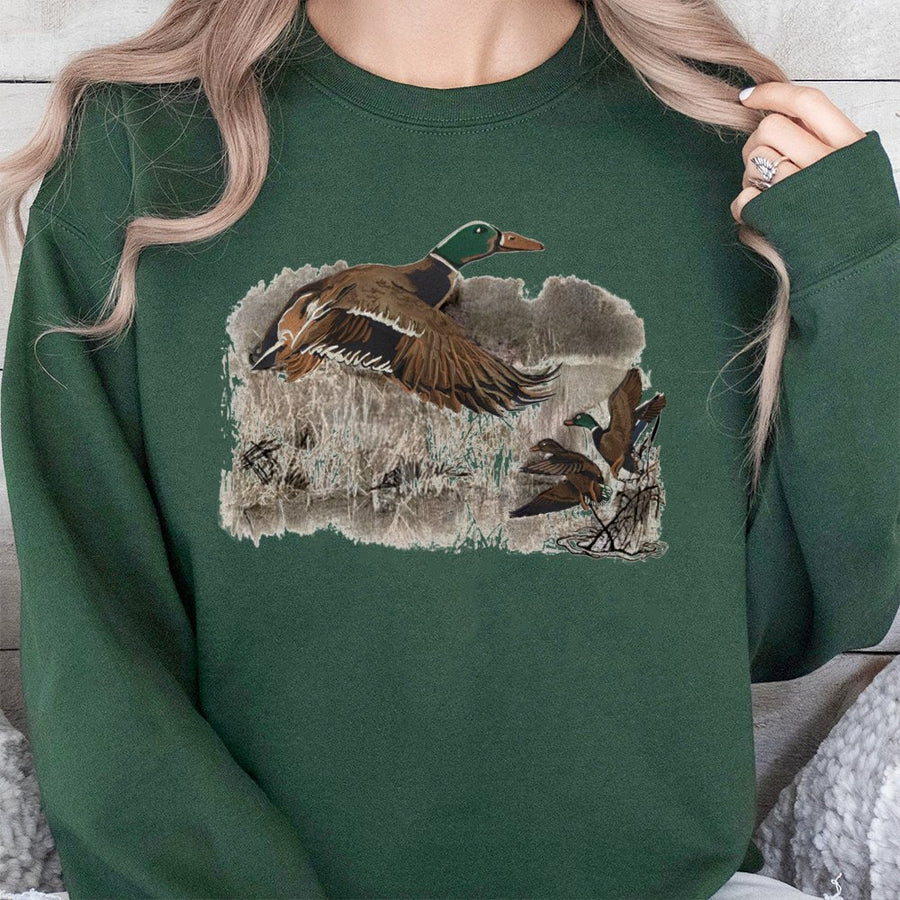 Mallard Duck Sweatshirt | Vintage Wildlife Flying Ducks Illustration | Cotton Blend Comfort Crewneck | Nature Lover Gift for Bird Hunters
