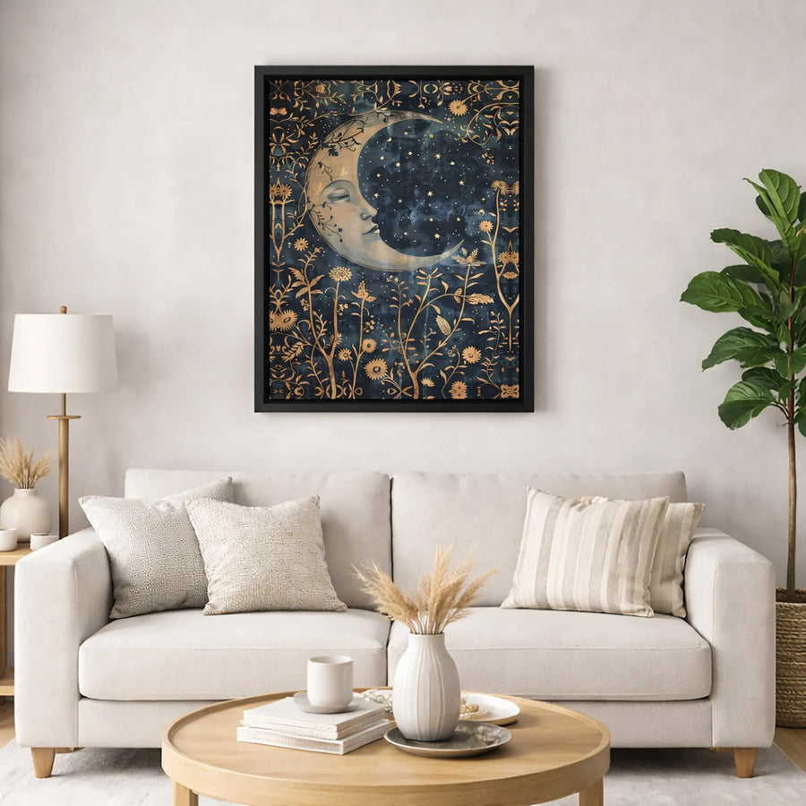 Celestial Moon Canvas Wall Art | Sleeping Crescent Moon with Gold Floral Detail | Premium Fade-Resistant Gallery Wrap | Boho Home Decor Gift