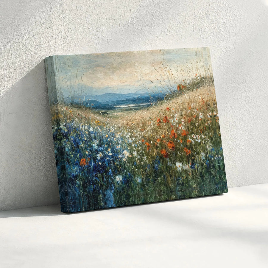 Impressionist Wildflower Field Canvas | Mountain Meadow Landscape Art | Premium Gallery Wrapped Print | Nature Wall Decor Gift for Home