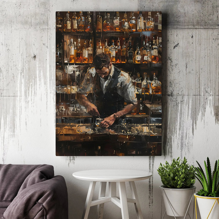Bartender Canvas Wall Art | Impressionist Whiskey Bar Painting | Premium Gallery Wrapped Decor | Sophisticated Gift for Home Bar Enthusiasts
