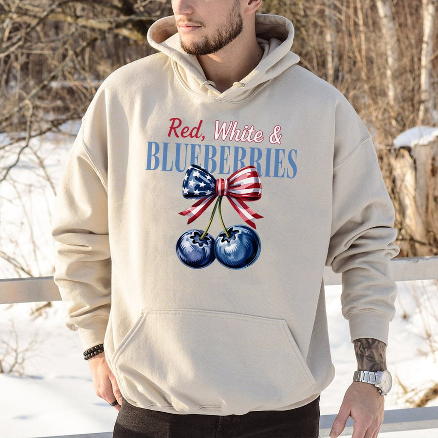 Red White and Blueberries Hoodie | Patriotic American Flag Bow Design | Premium Cotton-Blend | 4th of July Gift for Women and Men