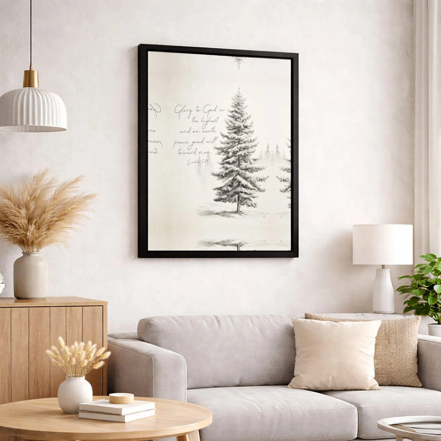 Luke 2:14 Scripture Wall Art | Glory to God Pine Tree Sketch | Premium 1.25-Inch Gallery Canvas | Christian Christmas Home Decor Gift