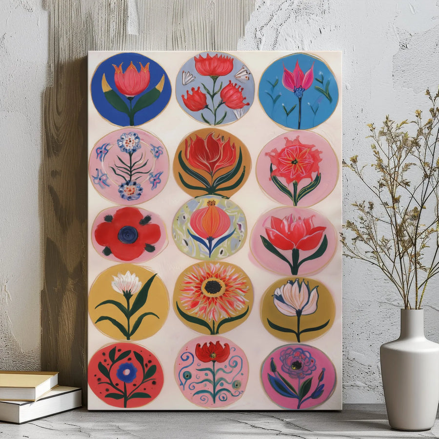 Floral Wall Art Canvas | Colorful Botanical Medallion Collage | Gallery Wrapped 1.25 Inch Frame | Modern Home Decor Gift