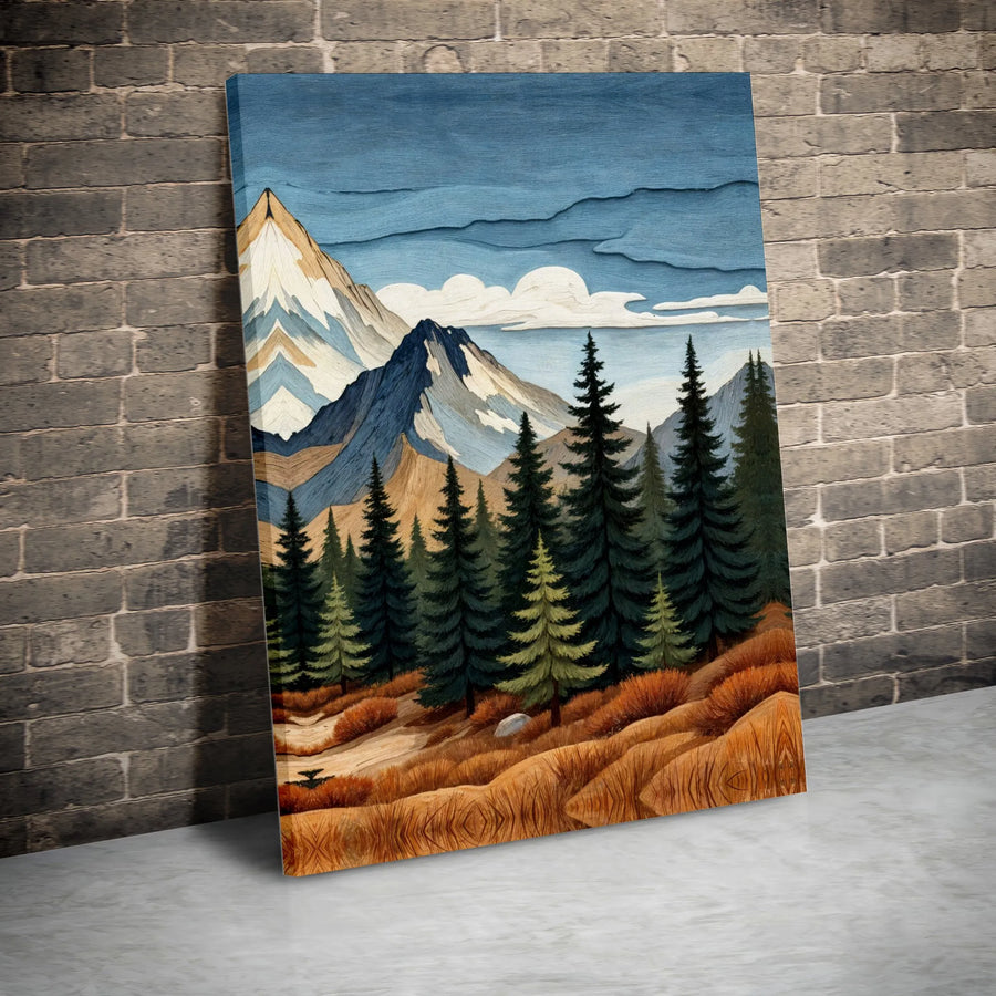 Rustic Mountain Canvas Wall Art | Textured Pine Tree Forest Landscape | Premium Frameless Canvas Print | Modern Cabin Decor Gift for Hiker
