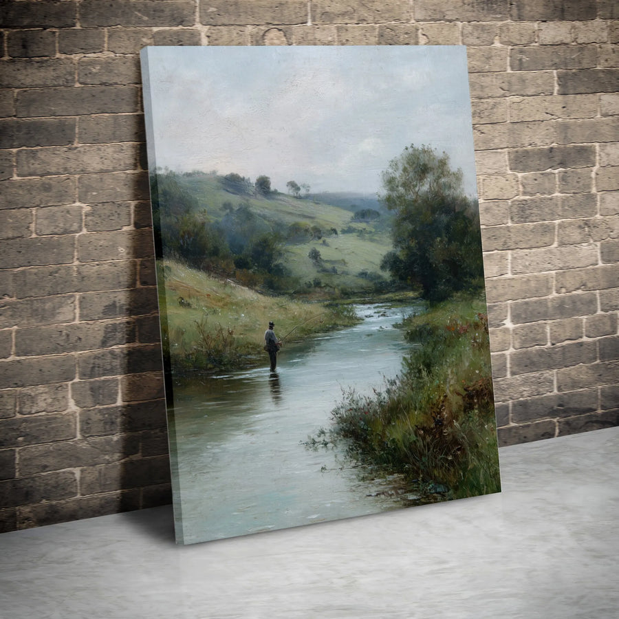Fly Fishing Wall Art | Moody River Landscape Oil Painting Print | Gallery Wrapped 1.25" Canvas | Rustic Home Decor Gift for Angler