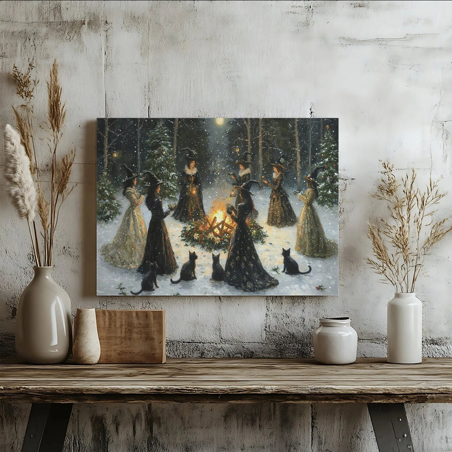 Witches Coven Yule Canvas Print | Magical Snowy Forest Bonfire Art | Premium Gallery Wrapped Decor | Pagan Holiday Gift for Witchy Aesthetic Home