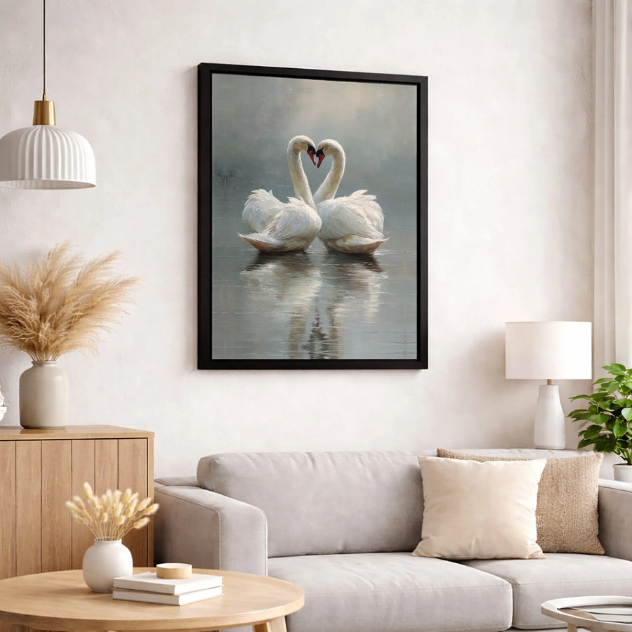 Swan Heart Wall Art | Romantic Painting Print | Premium Gallery Wrapped Canvas | Wedding Anniversary Gift for Couple