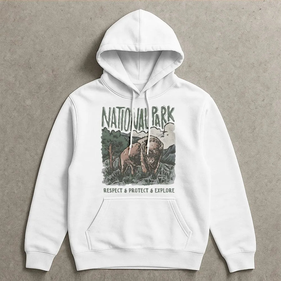 Bison National Park Hoodie | Vintage Nature Graphic Sweatshirt | Premium Cotton Blend | Gift for Nature Lovers and Hikers