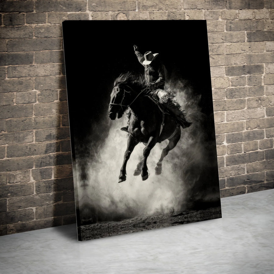Rodeo Cowboy Canvas Wall Art | Black and White Bucking Horse Print | 1.25” Gallery Wrap Decor | Western Home Office Wall Decor