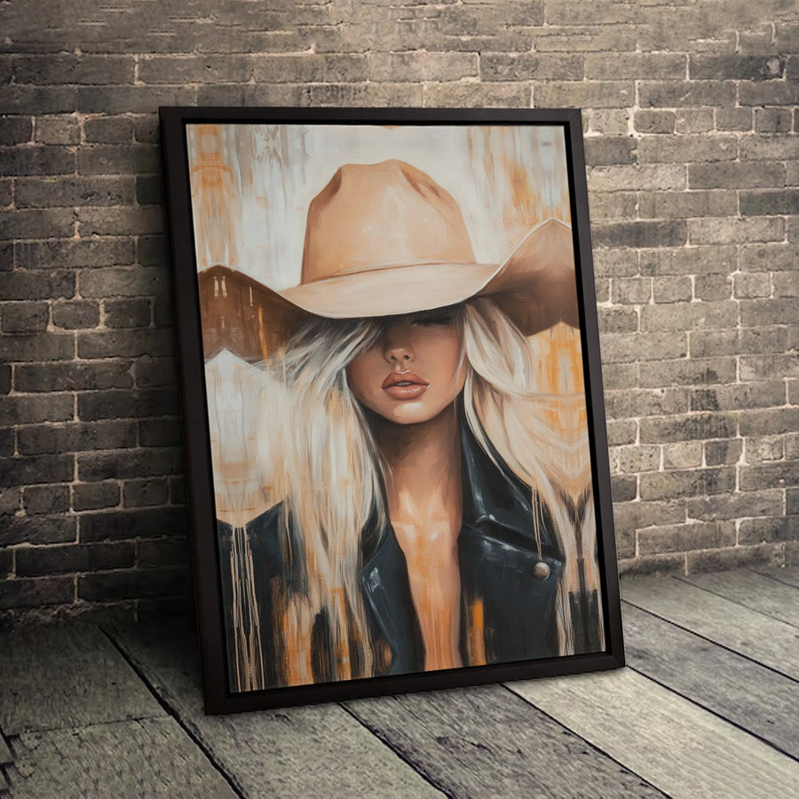 Cowgirl Canvas Wall Art | Blonde Woman in Cowboy Hat Abstract Print | Premium 1.25-Inch Thick Gallery Wrap | Western Home Decor for Modern Living