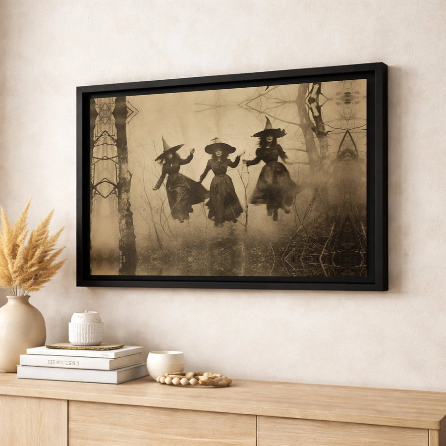 Floating Witches Wall Art | Vintage Sepia Forest Canvas Print | 1.25 Inch Gallery Wrap | Gothic Halloween Home Decor Gift